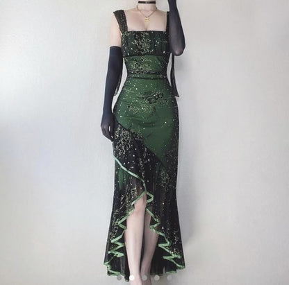 Green shiny elegant vintage long tulle ball gown evening dress wedding guest dress gh4603