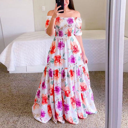 loveedsTM-Sexy Off The Shoulder Tube Top Dress Butterfly Rainbow Floral Print Dress Ladies Elegant Slim Summer Bohemian Party Maxi Dresses