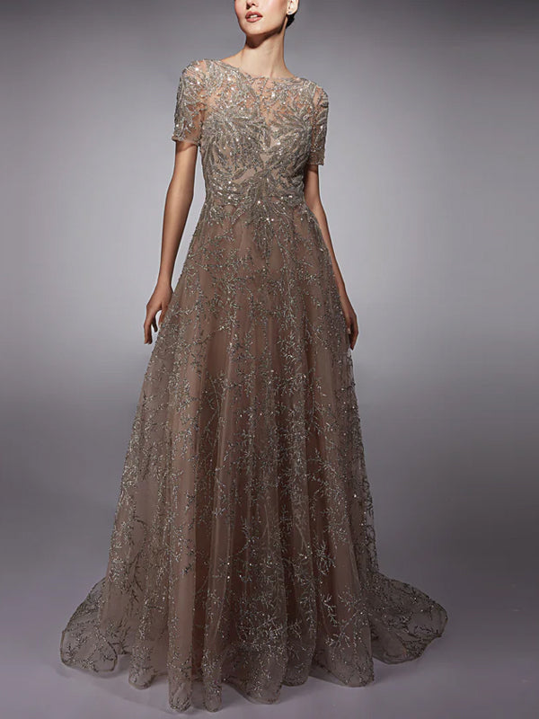 Round Neck Short Sleeve Sequined Mesh Maxi Dress