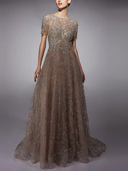 Round Neck Short Sleeve Sequined Mesh Maxi Dress