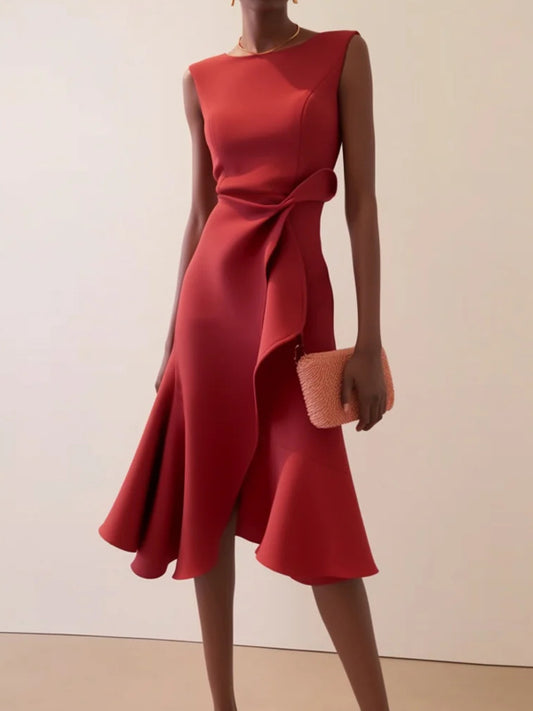 Ruffled Classic Boat Neck Sleeveless Midi Elegant A-line Dress with Waist Twist for Day-to-Night