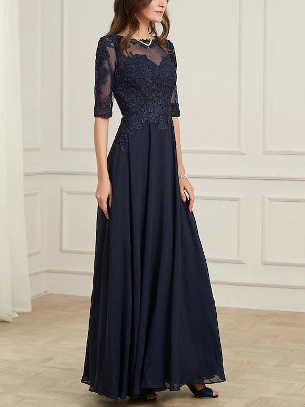 Round Neck Lace Solid Color Maxi Dress