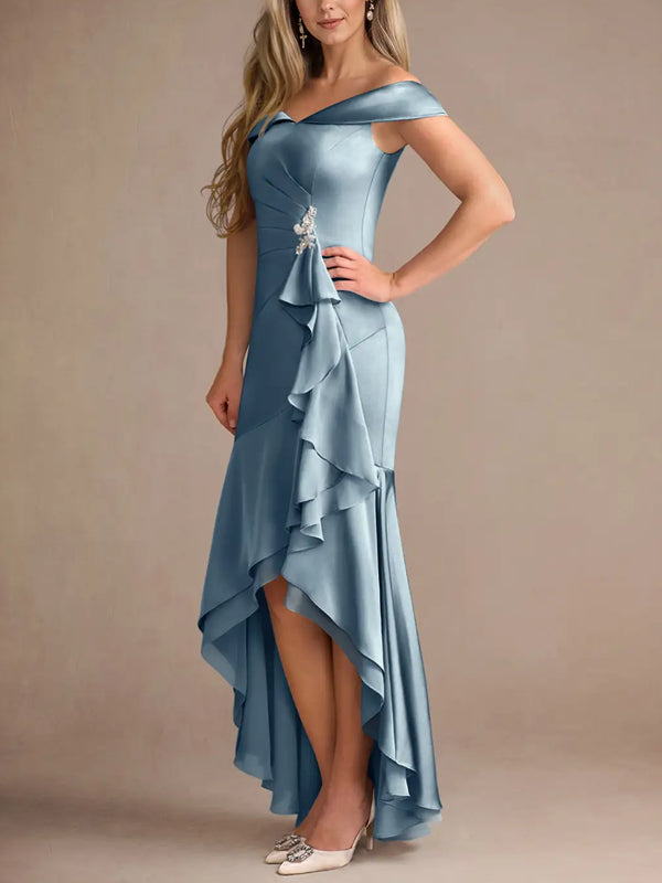 Dusty Blue Mermaid Off the Shoulder Stretch Satin Dress
