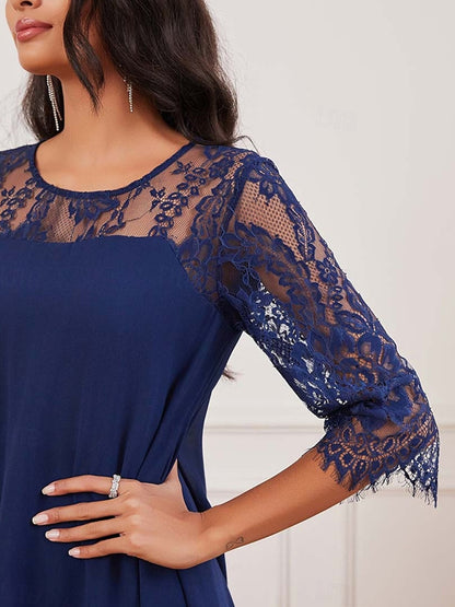Lace Chiffon Stitching Casual Round Neck 3/4 Long Sleeve Dress