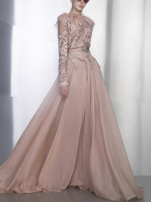 Long Illusion Sleeve Ball Gown