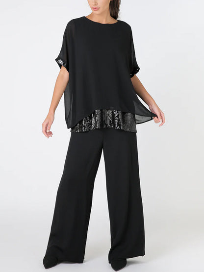 Crew Neck Mesh Sequin Top Trousers Suit