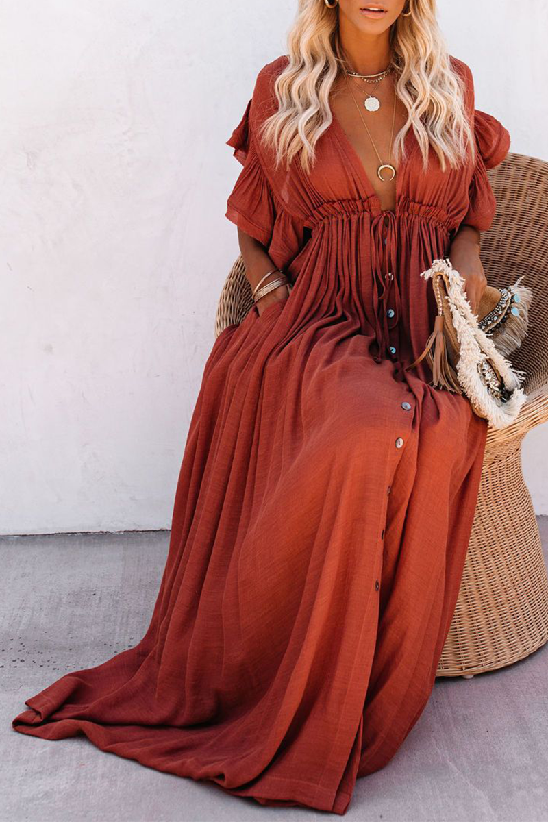 loveedsTM-Elegant Solid Frenulum Buckle V Neck A Line Dresses