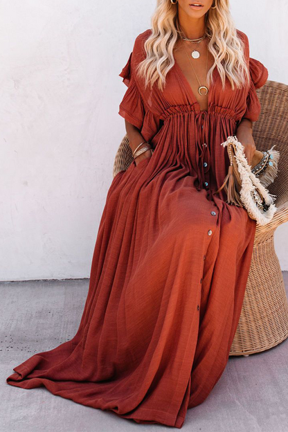 loveedsTM-Elegant Solid Frenulum Buckle V Neck A Line Dresses