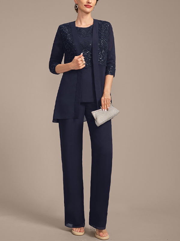 Round Neck Lace Solid Color Chiffon Top And Trousers Three-Piece Suit