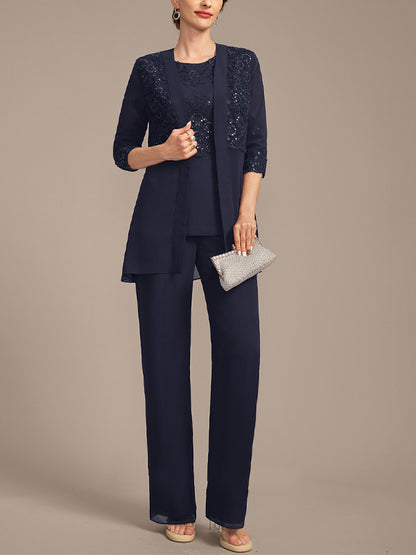 Round Neck Lace Solid Color Chiffon Top And Trousers Three-Piece Suit