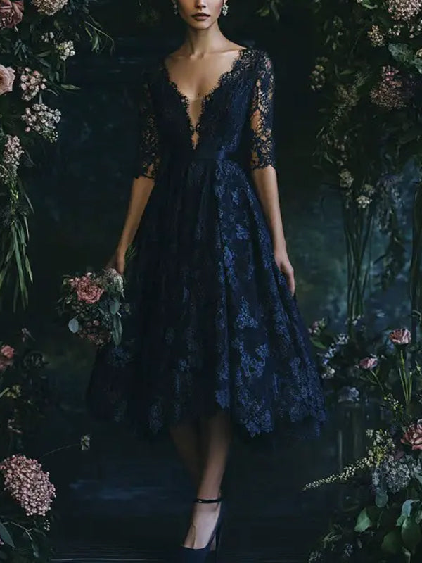 Dark Blue V-neck Lace Midi Dress