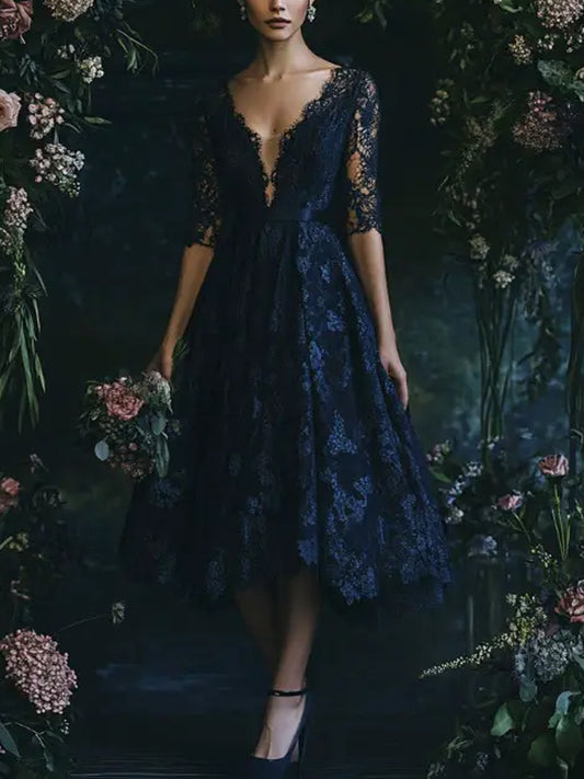 Dark Blue V-neck Lace Midi Dress