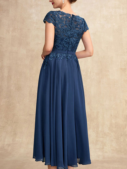 A-Line Scoop Neck Tea-Length Chiffon Lace Mother of the Bride Dress