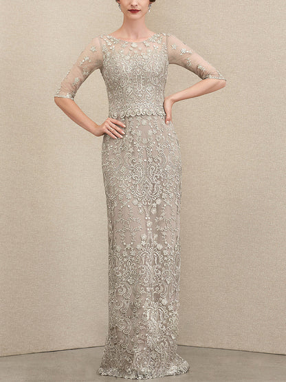 Round Neck Solid Color Lace Short Sleeves Maxi Dress