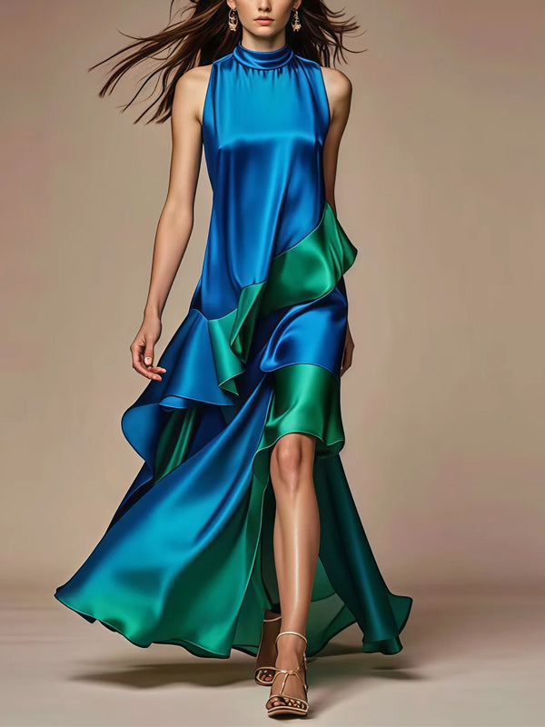 Blue Silk Asymmetric Patchwork Dress