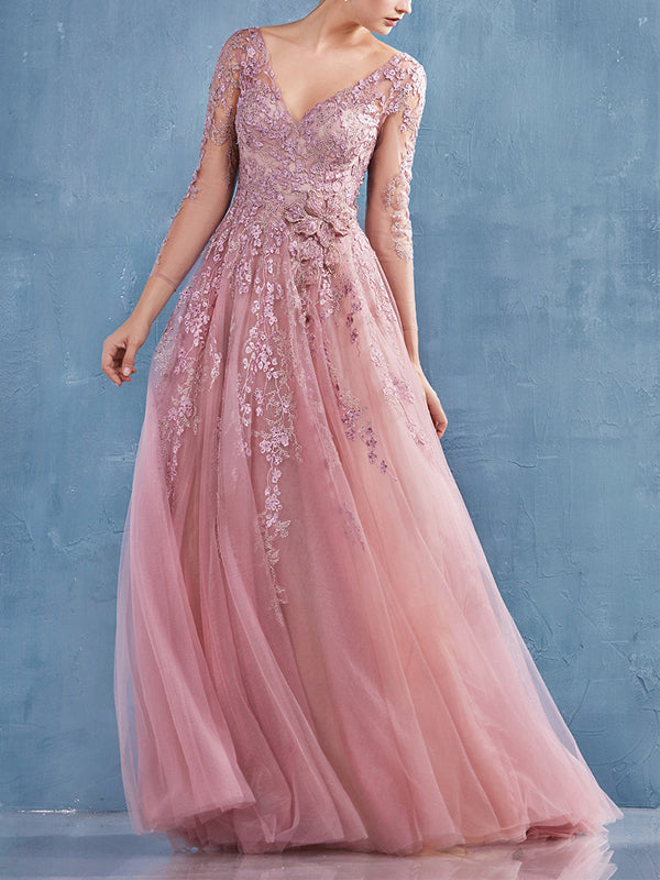 V-neck Mesh Lace Maxi Dress