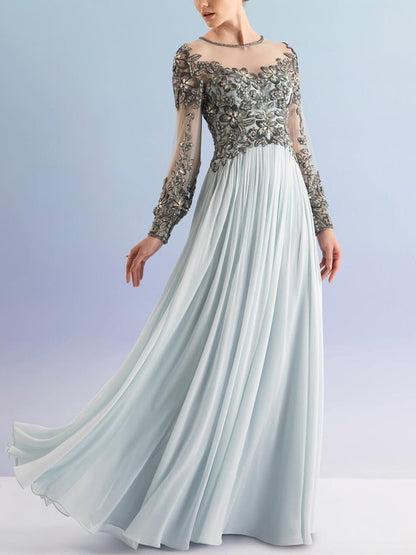 Round Neck Sequined Mesh Solid Color Maxi Dress