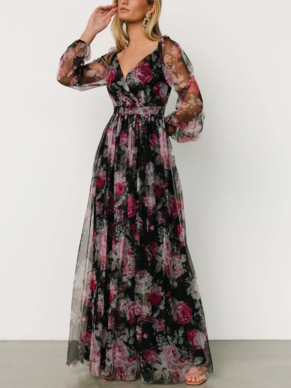 V-neck Long Sleeve Print Maxi Dress