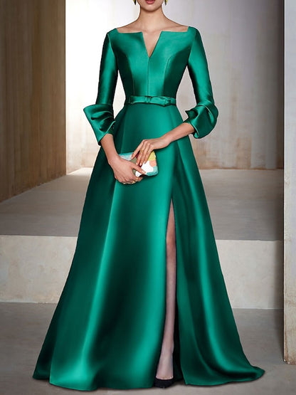 Long Sleeve V Neck Satin Evening Dress