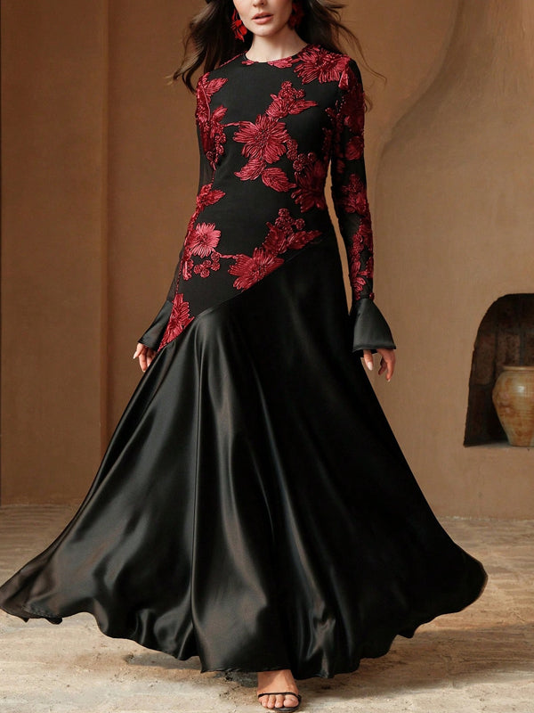 Floral Pattern Mesh Patchwork Elegant Long Sleeve Dress