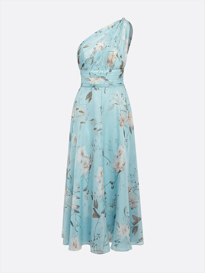 Light Blue Chiffon One Shoulder Sleeveless A-Line Maxi Dress