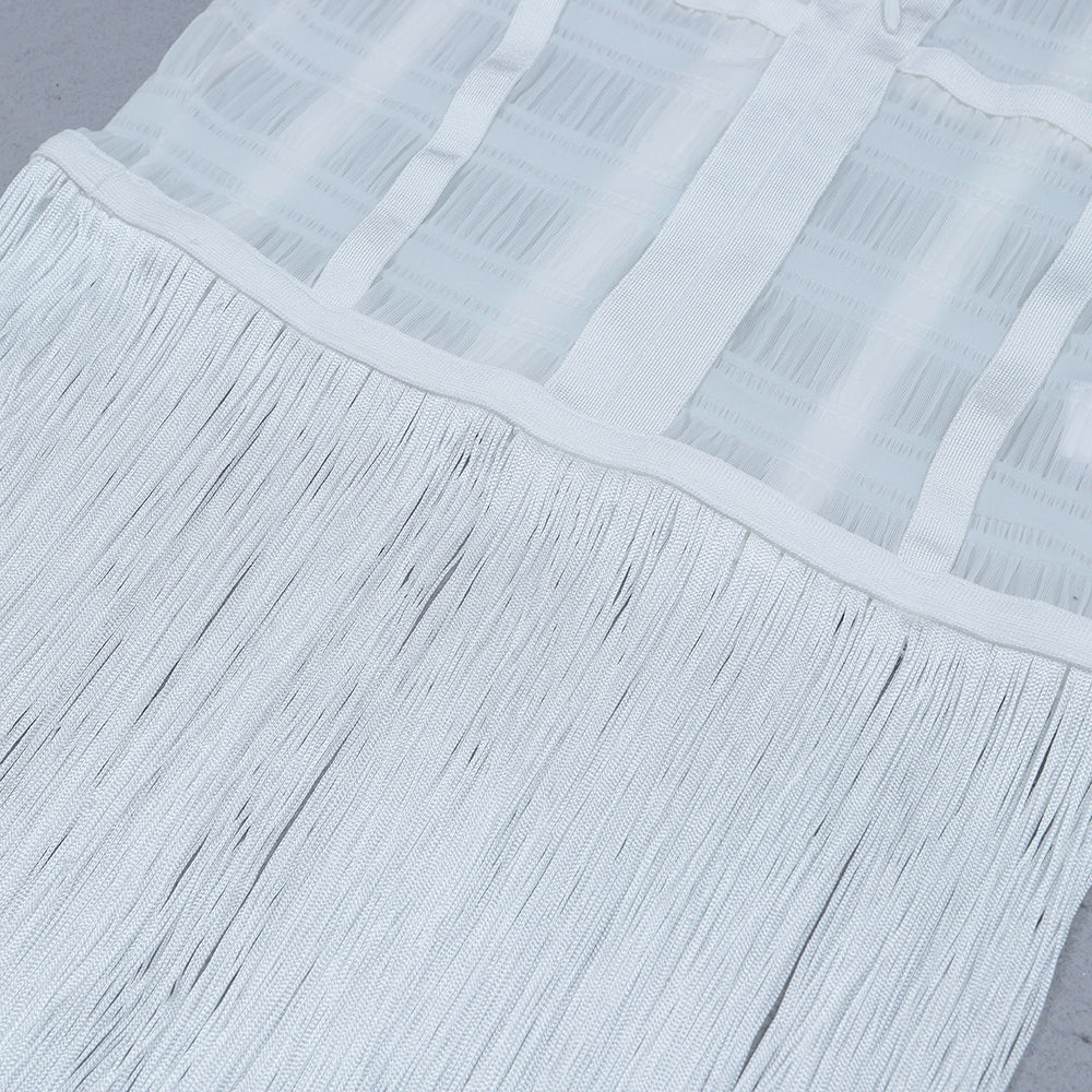 loveedsTM-Hollow Fringe White Sleeveless One-piece Dress Summer Party Gathering Dresses