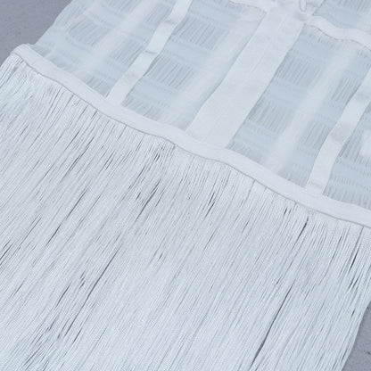loveedsTM-Hollow Fringe White Sleeveless One-piece Dress Summer Party Gathering Dresses