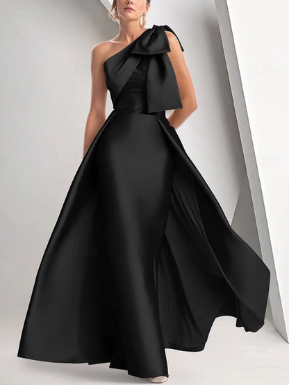One Shoulder Guest Ribbon Bow Evening Dress
