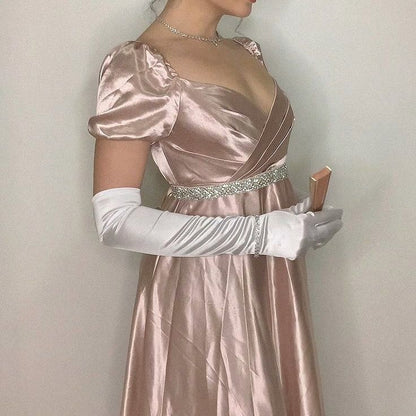 Pink vintage long satin formal high waist empire dress Prom dress evening dress party dress gh4900