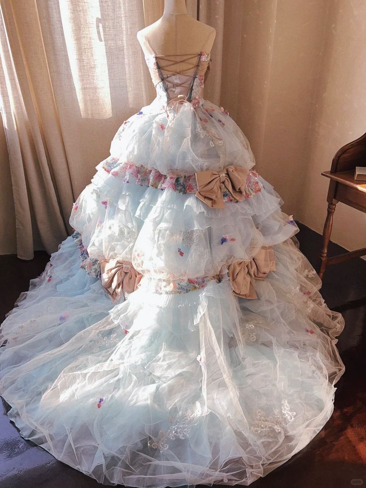 Romantic Hydrangea Flower Sweetheart Neck Ball Gown Layered Blue Organza Prom Dress Birthday Dress SH3634