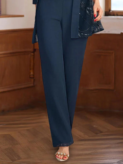 3 Pieces Chiffon Round Neck Floor-Length Mother of the Bride Pantsuits with Sequins