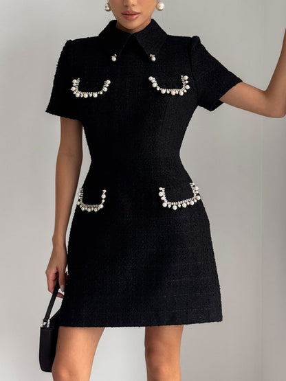 Lapel Tweed Pearl Decoration Women's Dress
