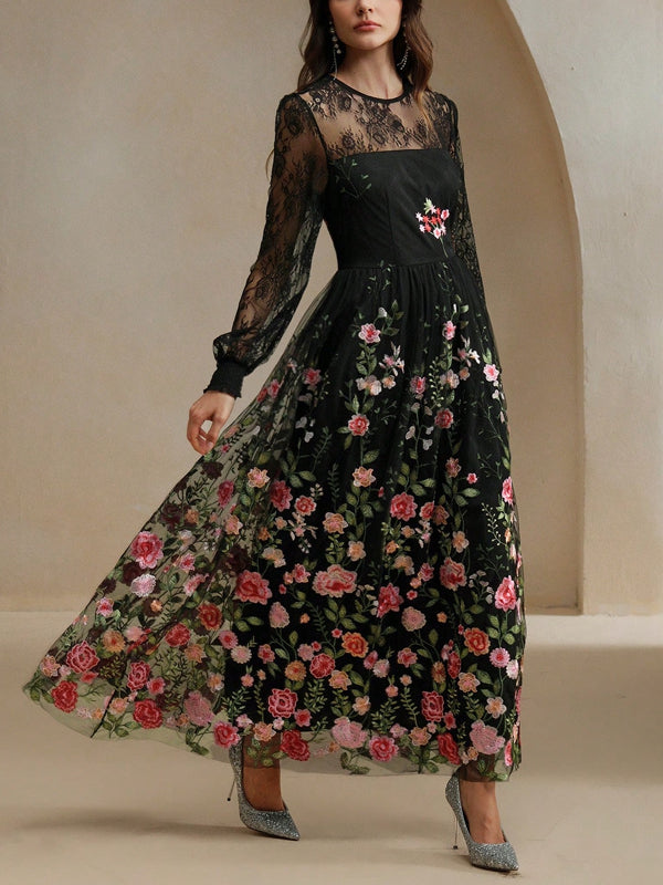 Floral Embroidered Lace Transparent Lantern Sleeves Dress