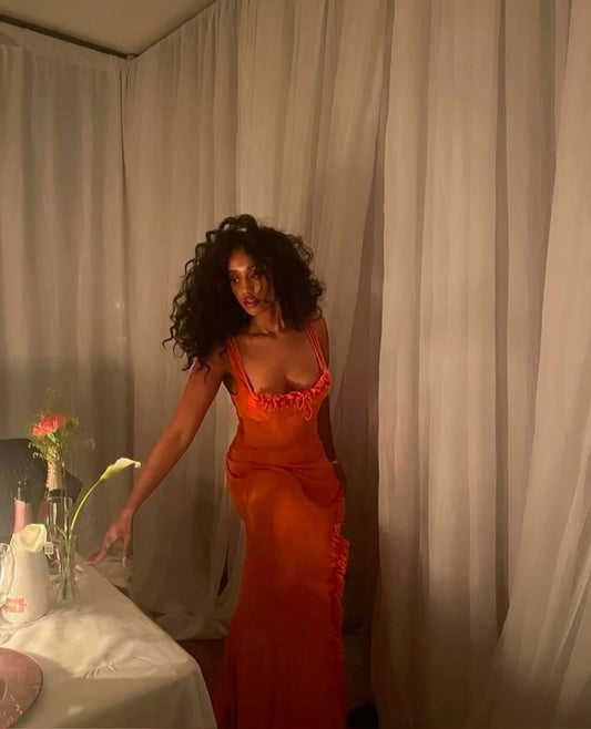 Sexy Orange Sheath Spaghetti Strap Chiffon Prom Dress Evening Dress Formal Dress with Slit SH3836