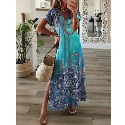 loveedsTM- Vintage Print Maxi Dress Women 2024 Summer Elegant V Neck Short Sleeve Loose Split Casual Dress Female Party Boho Beach Vestidos