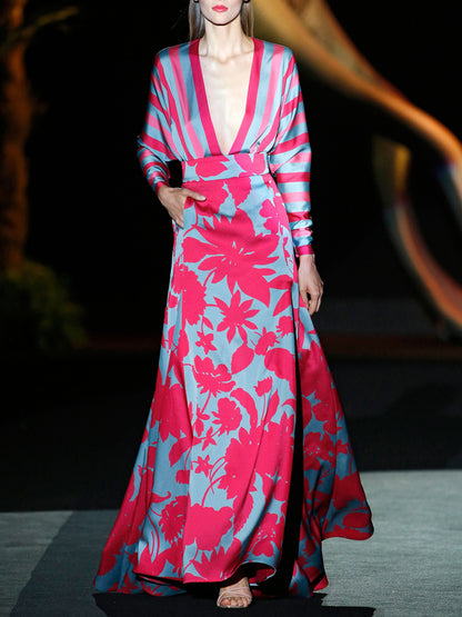 Deep V Temperament Print Elegant Catwalk Women's Dress