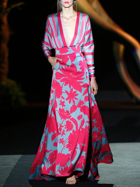 Deep V Temperament Print Elegant Catwalk Women's Dress