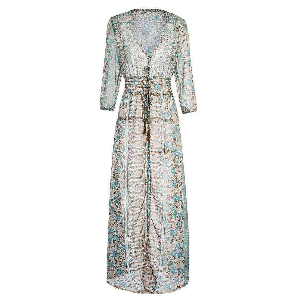 loveedsTM-Women's Bohemian Maxi Dress Chiffon Swing Slit Mid Sleeve Beach Holiday Dress