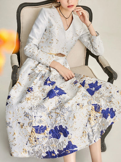 V-Neck Print Midi Dress