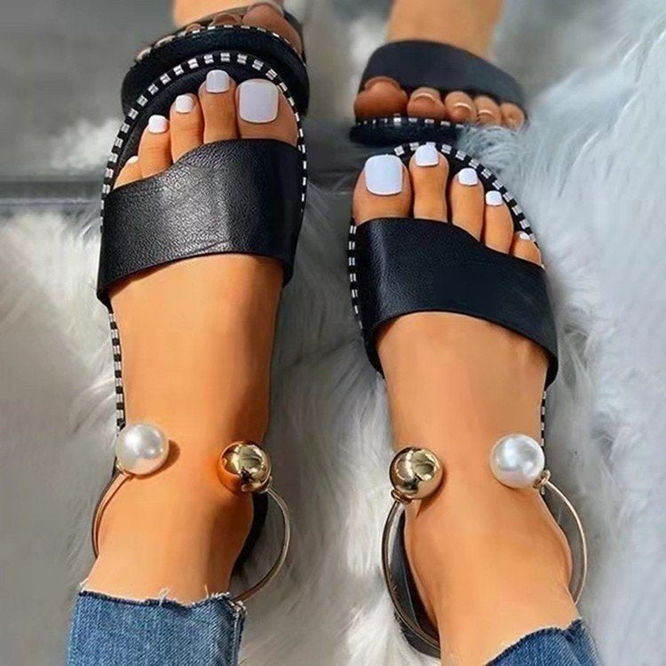 Casual flat bottom back empty pearl sandals