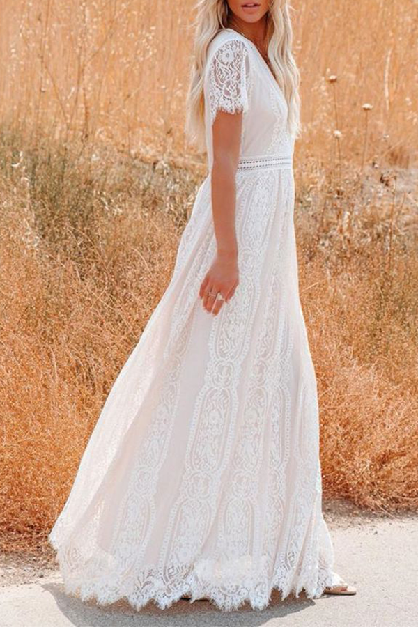 loveedsTM-Fashion Elegant Solid Lace Split Joint V Neck A Line Dresses