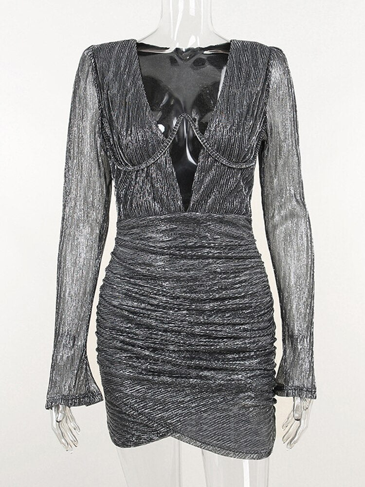 loveedsTM-Elegant Long Sleeve Bodycon Mini Dress For Women Deep V Neck Sexy Ruched Party Club Evening Dresses Autumn Female Clothes