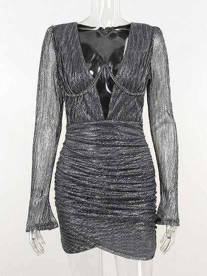 loveedsTM-Elegant Long Sleeve Bodycon Mini Dress For Women Deep V Neck Sexy Ruched Party Club Evening Dresses Autumn Female Clothes