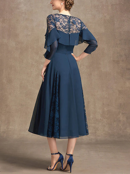 Round Neck Solid Color Lace Midi Dress