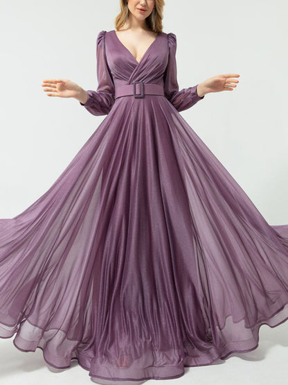 V-neck Long Sleeve Solid Color Maxi Dress