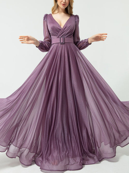 V-neck Long Sleeve Solid Color Maxi Dress