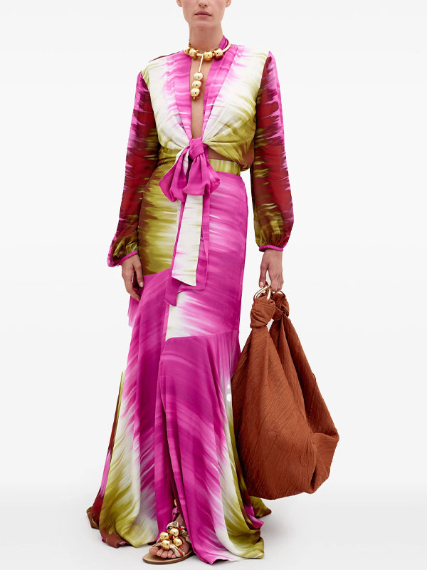 V-neck Colorful Top And Skirt Suit