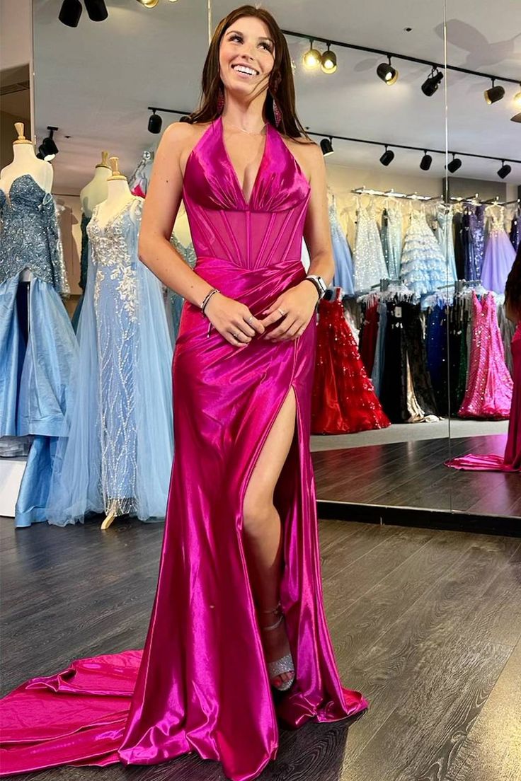 Fashion Halter Neck Satin Long Prom Dresses