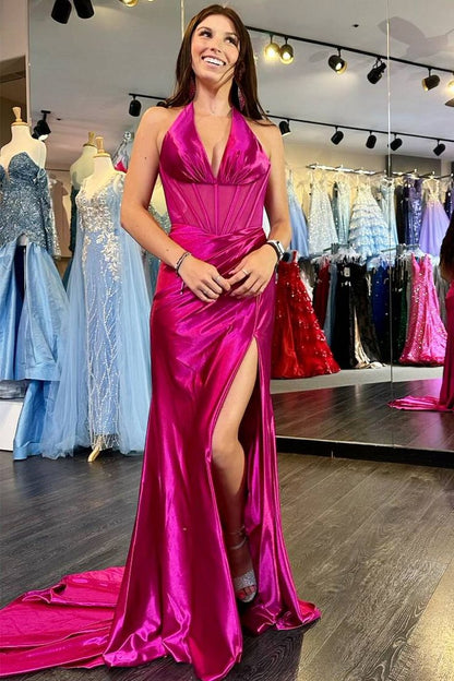 Fashion Halter Neck Satin Long Prom Dresses