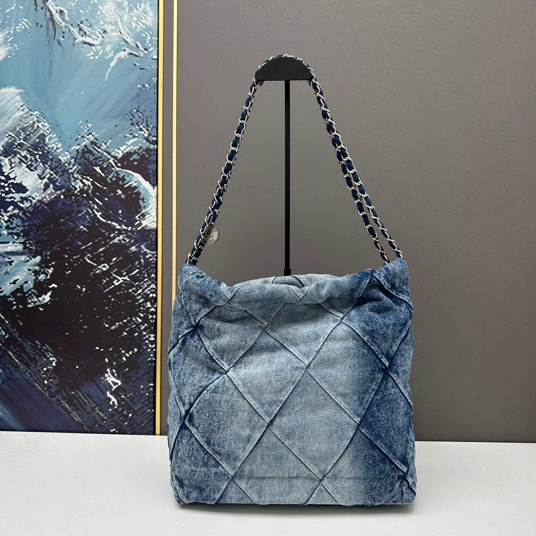 Chanel Large 22 Bag Faded Blue Denim Silver Hardware